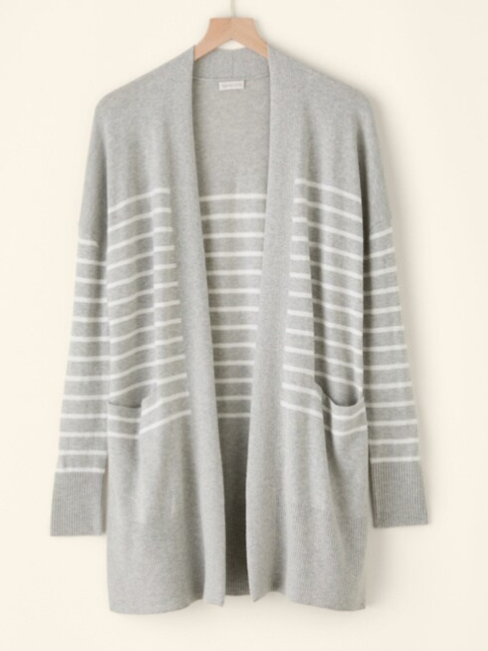 Garnet Hill Gray/White Striped Long Cardigan in Merino Wool/Cotton Knit Size XS - Picture 1 of 13